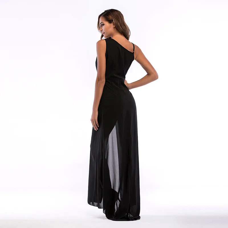 spring autumn summer v-neck sleeveless sexy black elegant women long chiffon dress