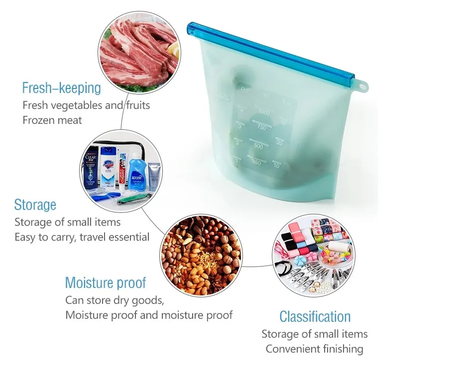 1500ml Zip Lock Bags Holder Vegetable Food Reusable Silicone Food Storage Bag