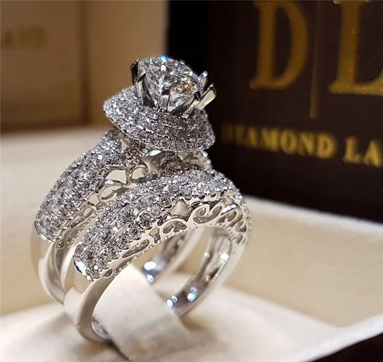Luxury Crystal Female Big Zircon Stone Ring Set Fashion Silver Bridal Wedding Rings For Women Promise Love Engagement Ring