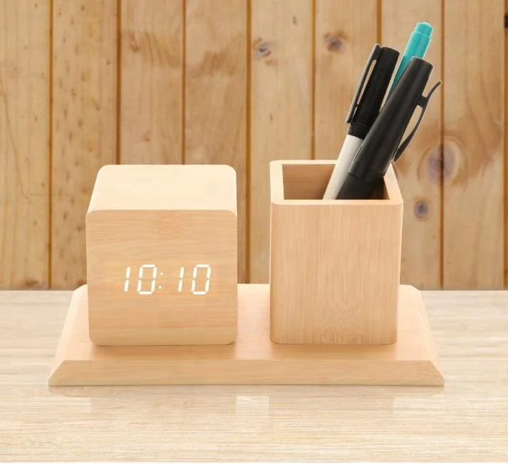 Newest Hot Selling Wooden Led Calendar Time Temperature Voice Control Wood Digital Alarm Clock with Penholder ET544