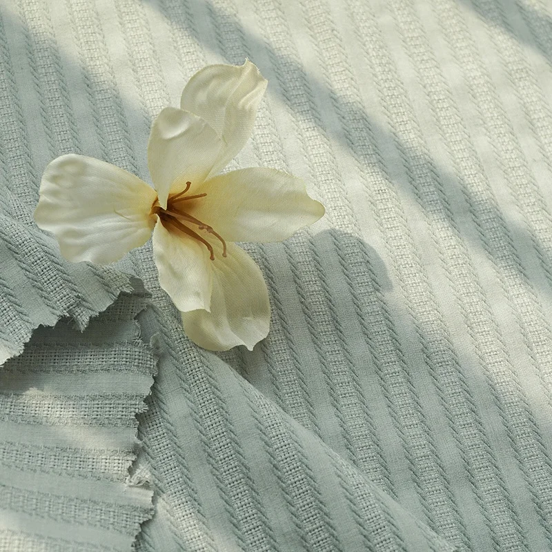 Wholesale plain dyed leno green stripe shirt jacquard weave cotton fabric details