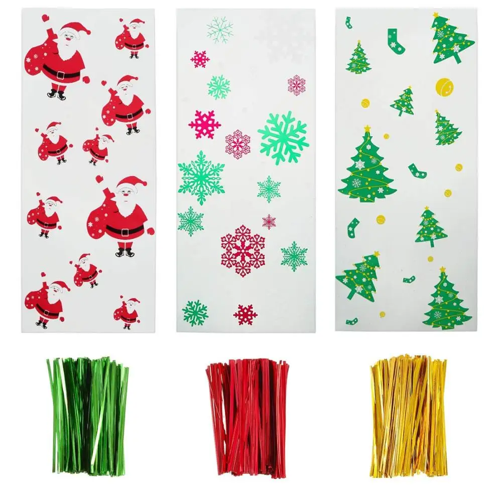 200 Pieces Christmas Cellophane Treat Bags Clear Candy Cookie Bags in Different Design with 200 Pieces Twist Ties Sugar Grocery