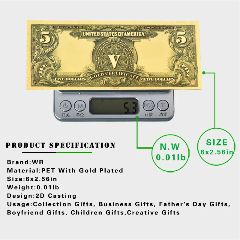 American Five Dollars Banknote 24k Gold Plated Forgery Paper Money Colorful Banknote