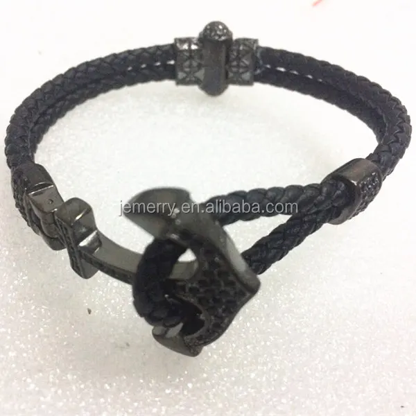 Vintage Genuine Leather Men Bracelet Copper Anchor 316l Stainless Steel Wire Double Layer  Fashion Men Anchor Bracelet