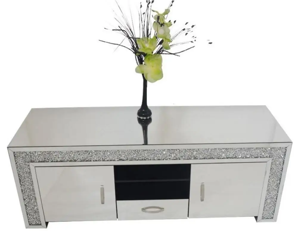 Sparkly Mirrored TV Stand  2 Door 1 Drawer Crushed Diamonds Long Bench For Living Room