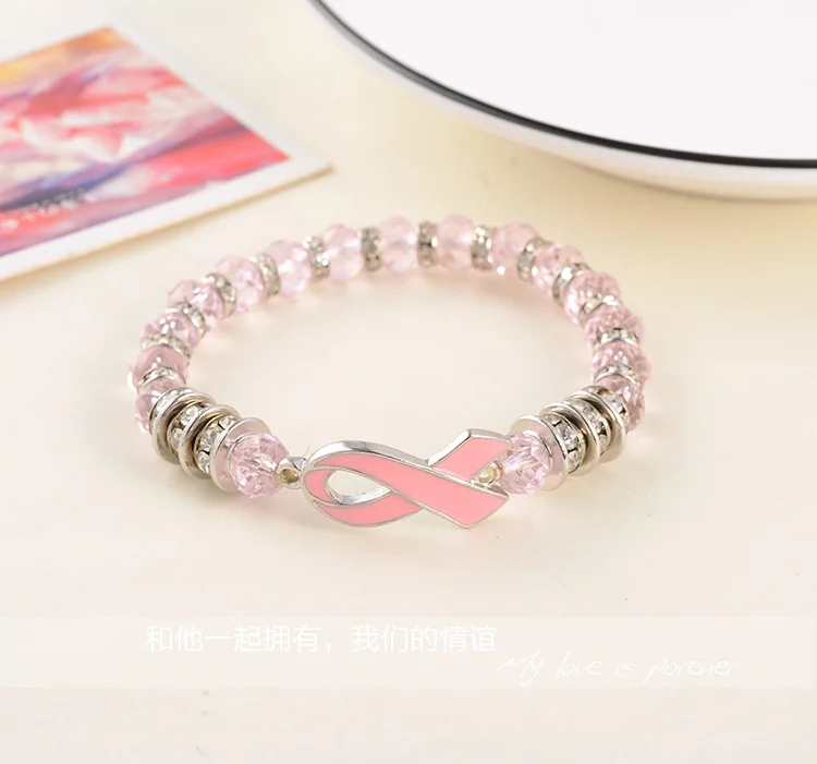 Hot selling glass bead bracelets red ribbon breast cancer awareness charms bracelets for women
