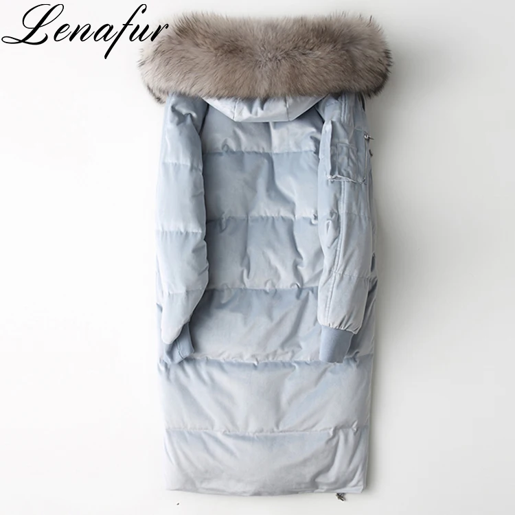 Women Warm Pink Light Blue Oversize Long 90% White Duck Down Feather Padded Fox Fur Collar Down Jackets Coat Overcoat