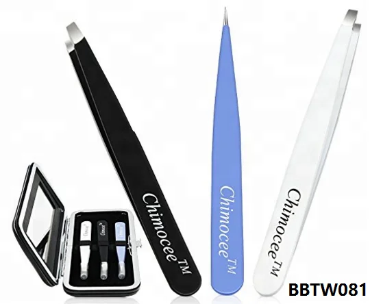 Pink Cosmetic Eyebrow Tweezers in Travel Pouch, 3Pcs Stainless Steel Eyebrow Care Slant Point Flat Tip Tweezers Gift Set