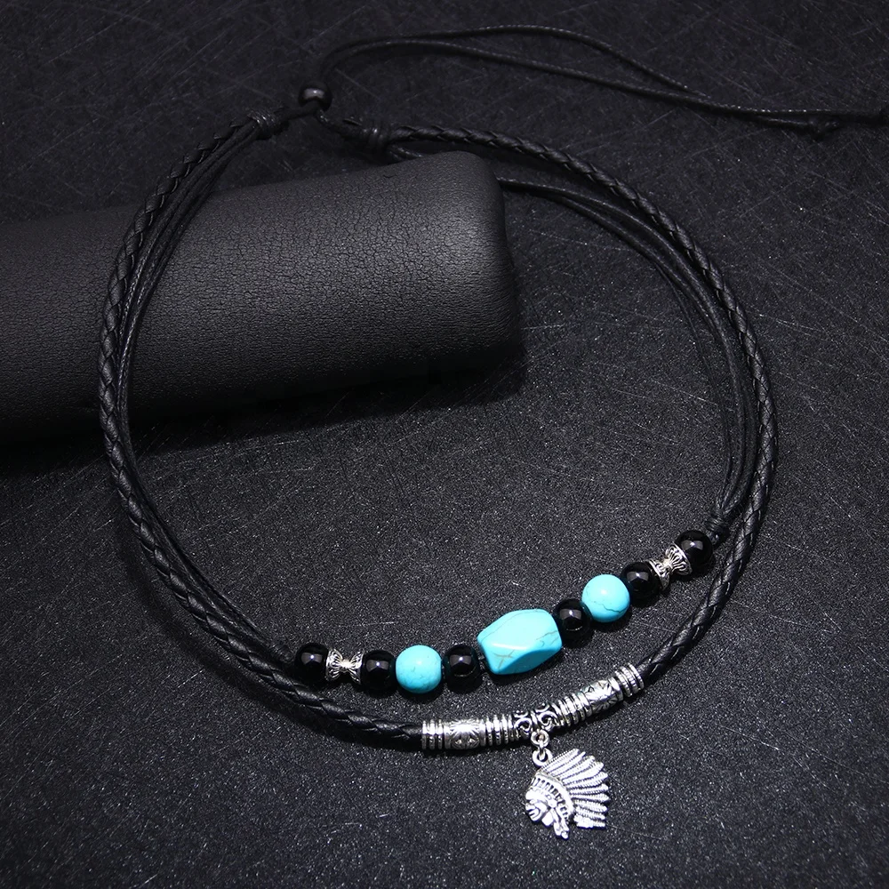 Tribal Indian Head Alloy Pendant Necklace Womens/Mens natural stone beaded necklace jewelry