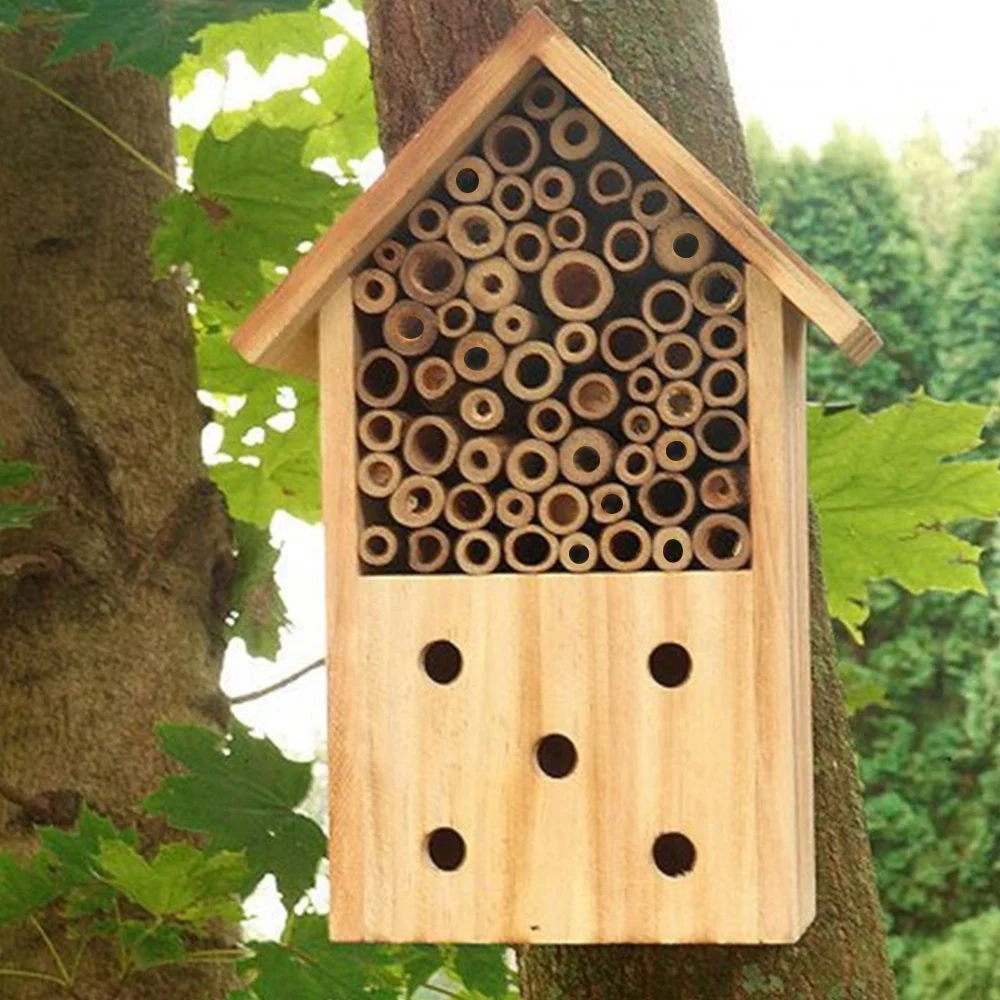 
High Quality Wooden Bamboo Honey Bee House Insect Hotel With Gable Roof 