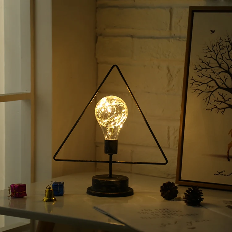 LED brass caged iron battery triangle christmas decoration night metal table lamp light