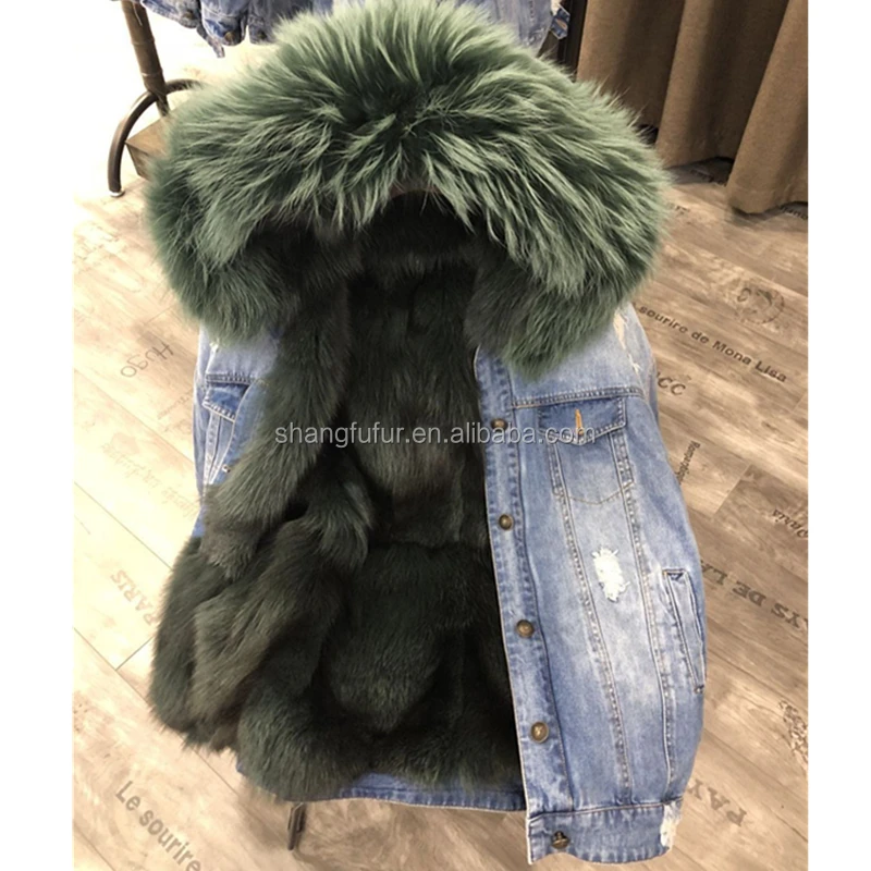 
SF0423 Jeans Denim Jacket With Real Raccoon Fur Collar Fox Lining Woman Winter Coat 