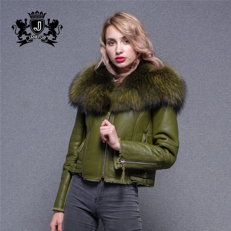 Super Large Raccoon Fur Collar Jacket Real Lamb Fur Lined Sheepskin Leather Coat for Women