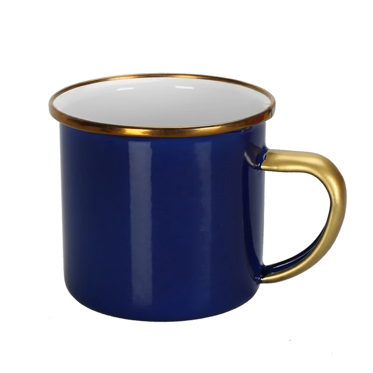 Promotional Black Speckle Camping Enamel Mug with gold and silver rim