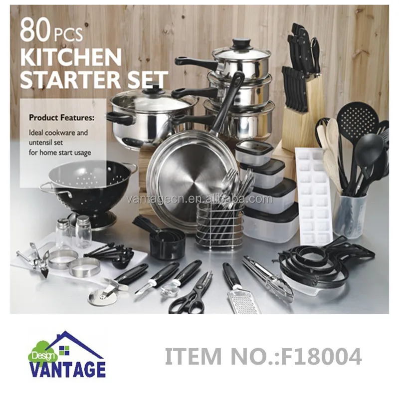 Wholesale Luxury 80-Pcs Housewares Kitchenware Set, Non Stick Home Starter Set, Stainless Steel Cookware Set
