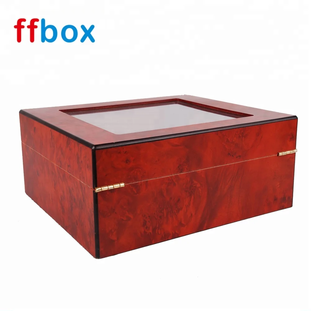 Handmade Luxury Custom Glass Top Design Storage Matte Cherry Red Packaging Wood Humidor Cigar Box