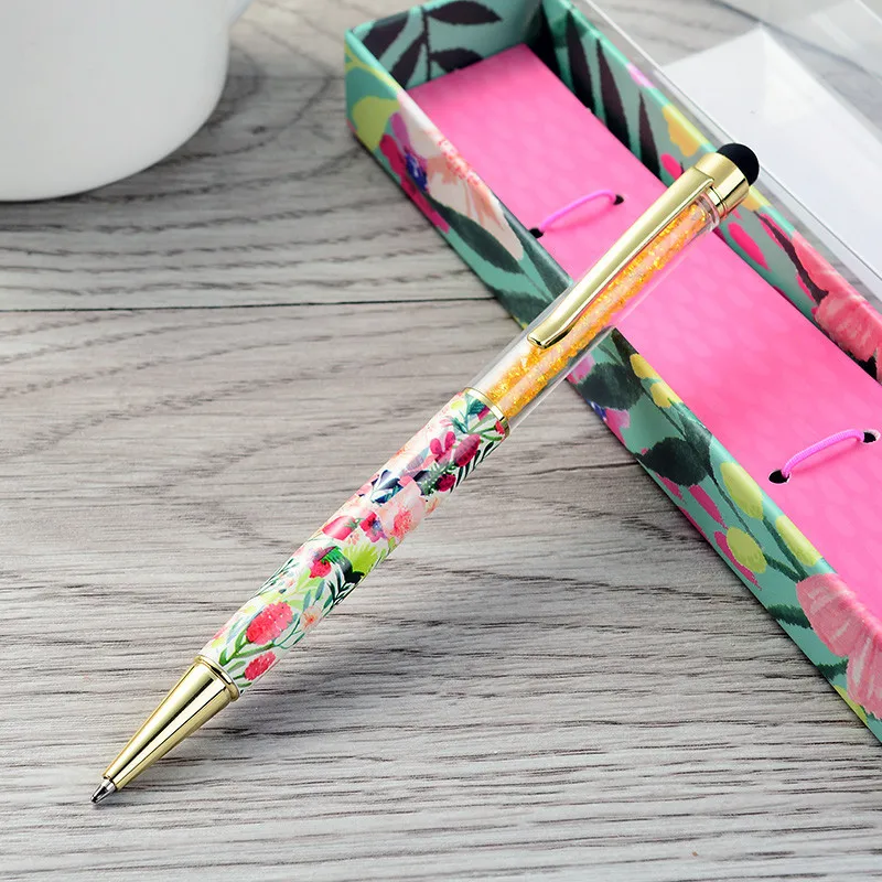 2019 Heat Transfer LOGO Floral Metal Body Ballpoint Pens with Crystal