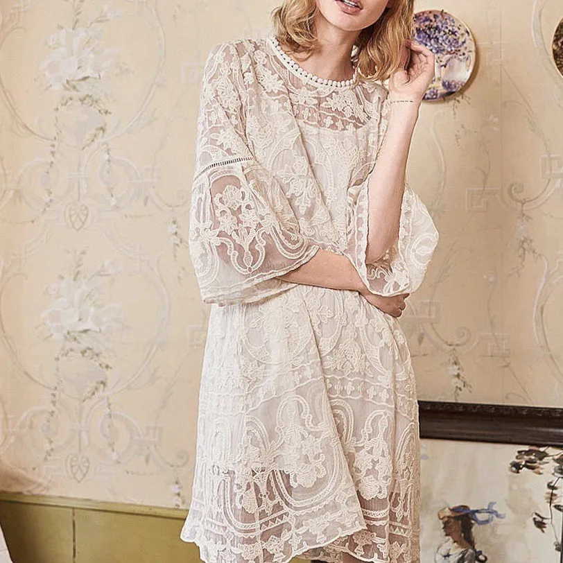 new fashion Round neck Sexy Lace embroidery pure silk dress