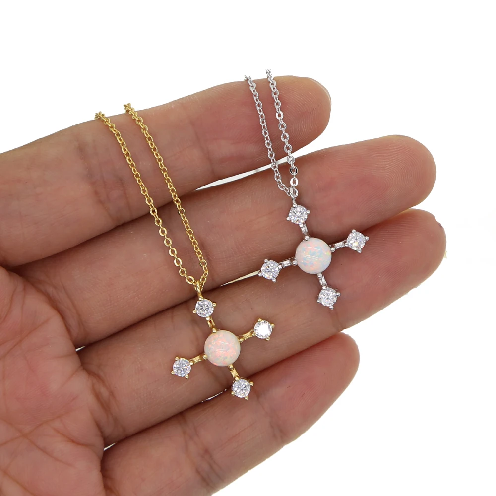 New fashion beautiful opal cross pendant necklace with CZ paved tiny link chain cross charm wedding women jewelry