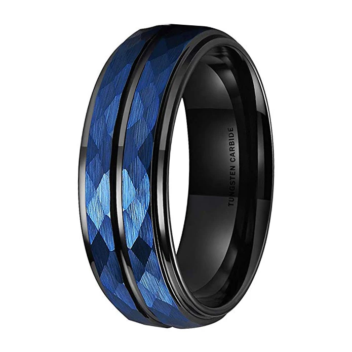 Wholesale Blaue and Black Plated Tungsten Carbide Wedding Band Ring for Men Women Hammered Finish Comfort Fit