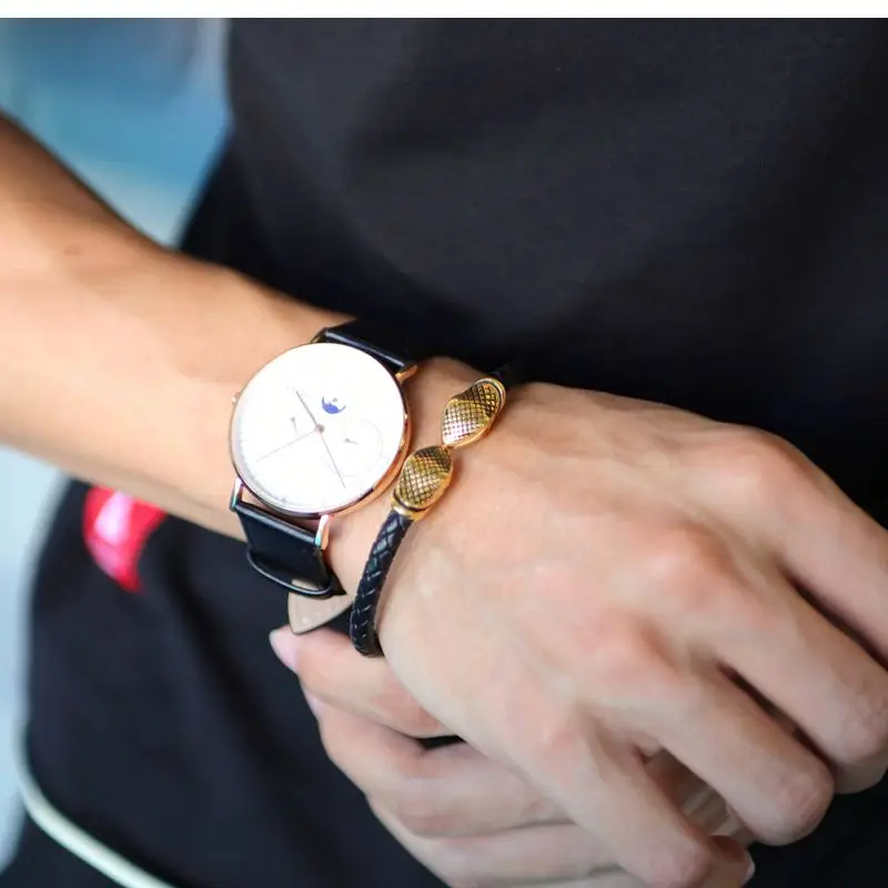 Custom Wholesale Mens Jewelry Braided Leather Stainless Steel Black Double Snake Bangle