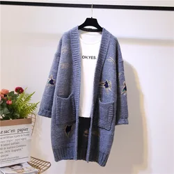 2018 winter autumn latest v-neck front open embroidery lady packets coat women knitted long cardigan