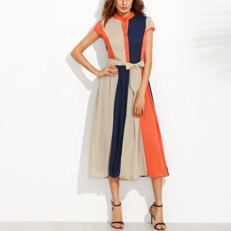 Wholesale Ladies Summer Long Dress Casual Front Buttons Tie Waist Contrast Shirt Dress French Elegant Midi Dresses For Women