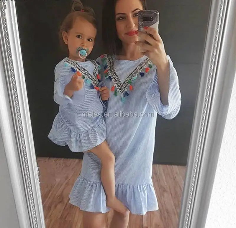 Q30217 Baby Girl Family Matching Clothes Mom And Daughter Dress Nine Quarter Stripe Tassel Mini Mother And Daughter Outfits