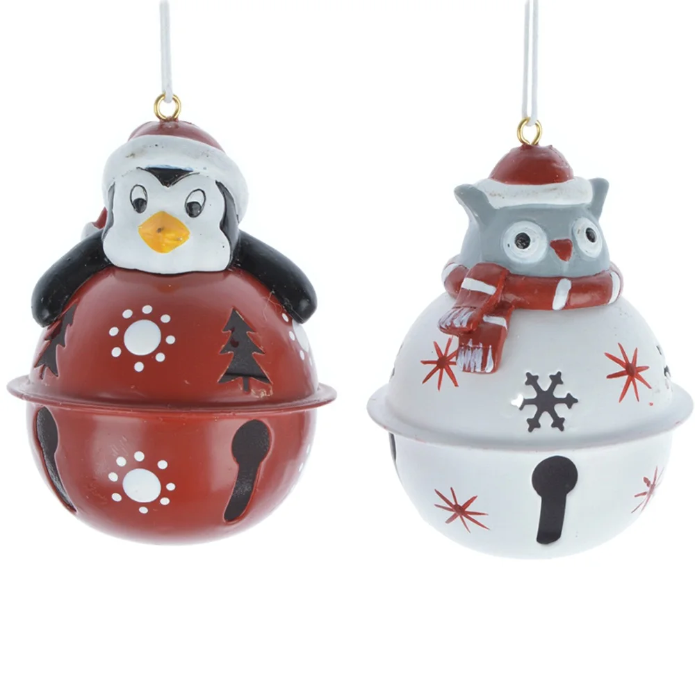 Wholesale Christmas return gifts resin santa claus snowman reindeer figurines hanging decorations with metal jingle bell ball