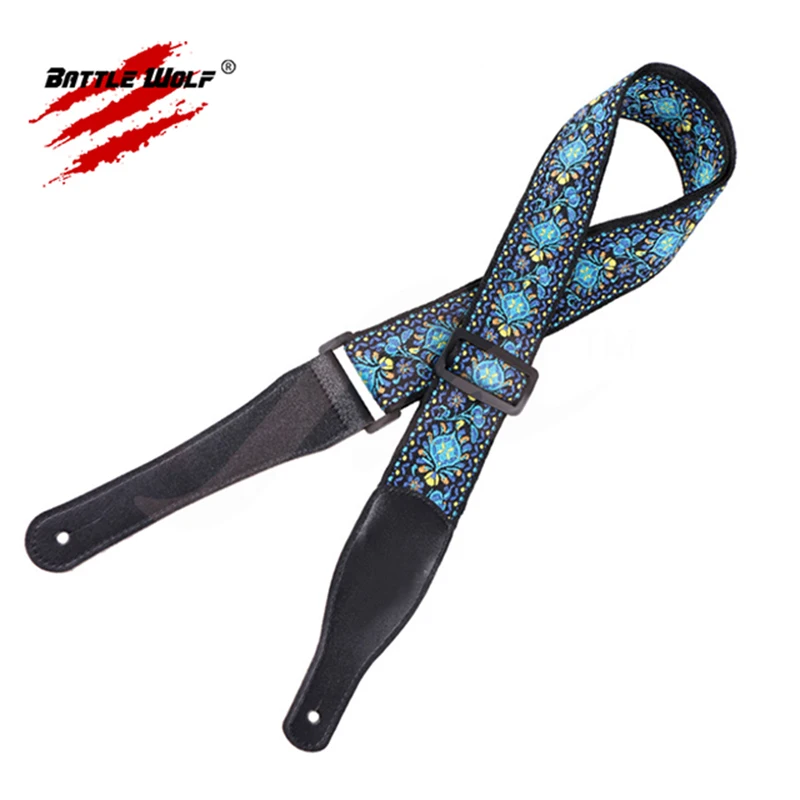 Wholesale Woven Jacquard Weave Different Style Wear Resisting Real Leather Ends Strap for Guitar Strap