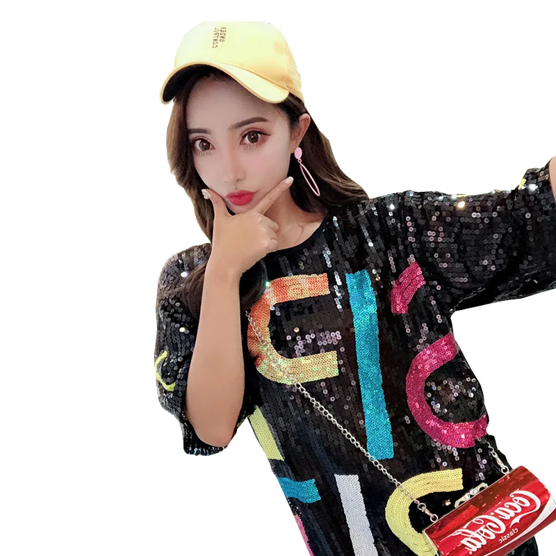 
Women Hip Hop Costumes Clothing performance Sequin Top Shiny Custom T Shirts Dress 