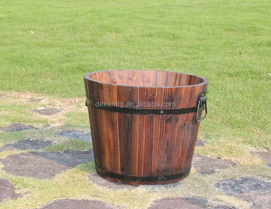 Outdoor Solid Cedar Wood Barrel Set Of 3 Planter Set Wood Flower Pots Wood Barrel Planter