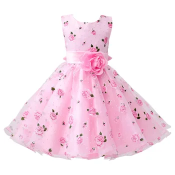 
MK002 Frock Design 2018 Children Rose Flower Printed Satin Frock Design Girls Party Dress Kids Birthday Party Dress 