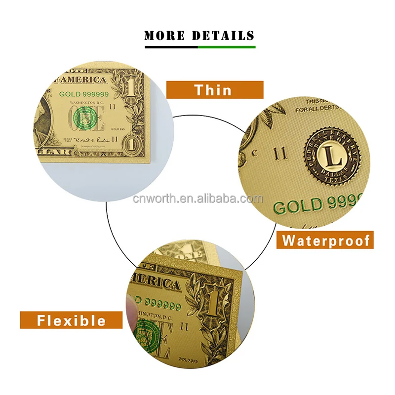 Home Decor Art Crafts 24k Gold Banknote USD 1 Colored Fake Bills Foil American Paper Money