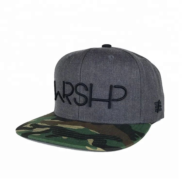 2020 Shijiazhuang Youngstyle Adult Camo Brim Dark Gray Snapback Hats , Customized 3D Embroidery Logo Acrylic Hats Cap