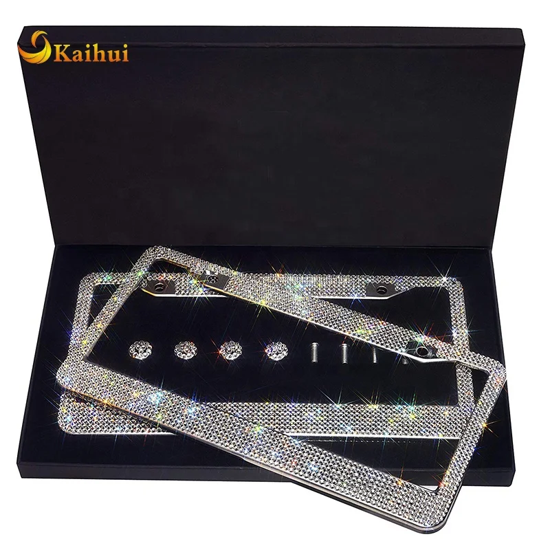 2 Pack Luxury Handcrafted Bling White Rhinestone Premium Stainless Steel License Plate Frame with GiftBox