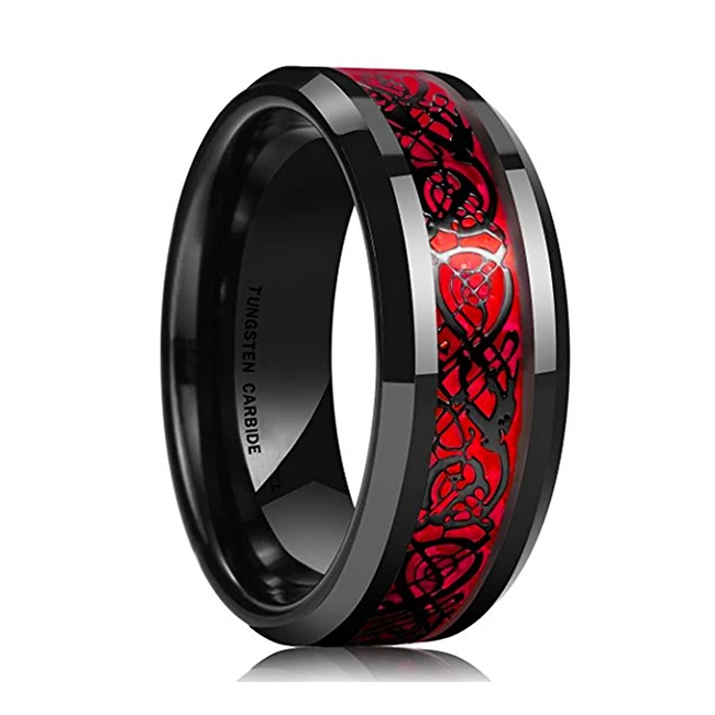 
Hot sell black tungsten carbide ring with red dragon piece design for men 
