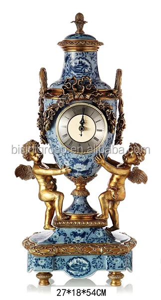 Luxury Antique Gilt Brass Cherub Pedestal Candleholder with Elegant Handpaint Blue and White Porcelain BF11-01303a