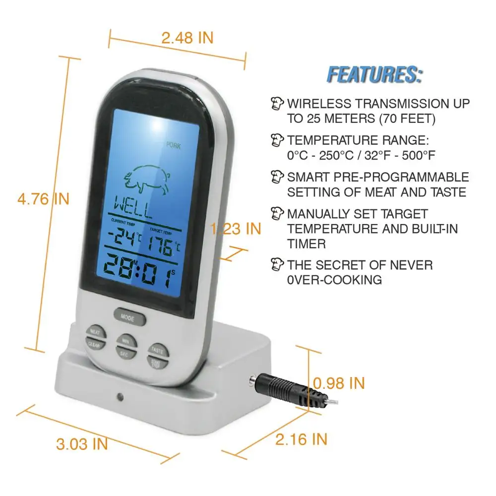 EN-2010 Wireless Remote Digital Cooking Meat Thermometer with Kitchen Countdown Timer and Stainless Steel Sensor Probe