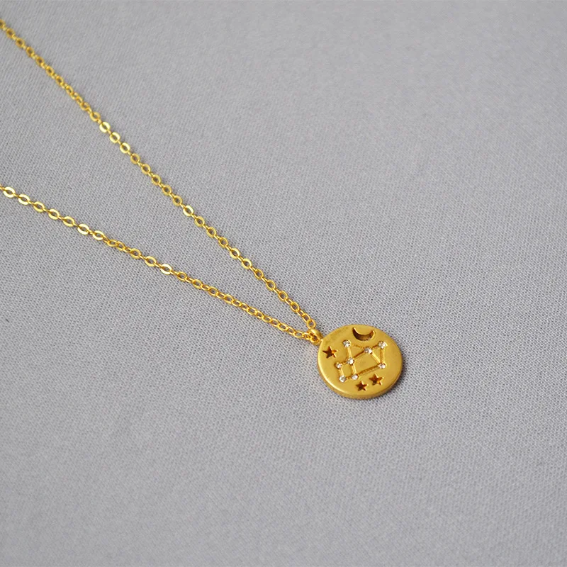 dainty zodiac brass necklace 24k gold plated pendant necklace gold filled  chain coin jewelry necklace