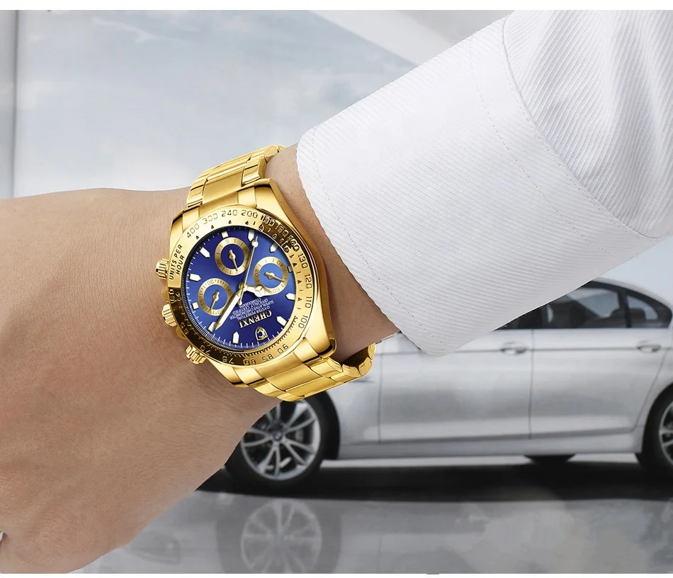 Custom 5 ATM Waterproof Wrist Watch Gold Color Men Luxury Watch Chronograph
