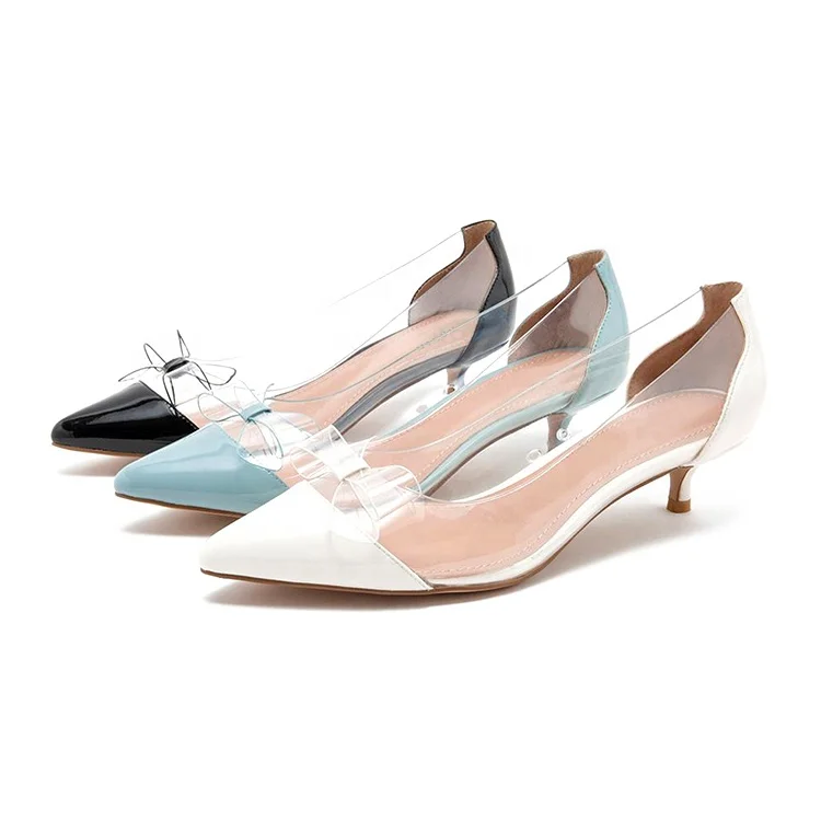 Elegant stitching patent leather mid heel transparent shoes for women