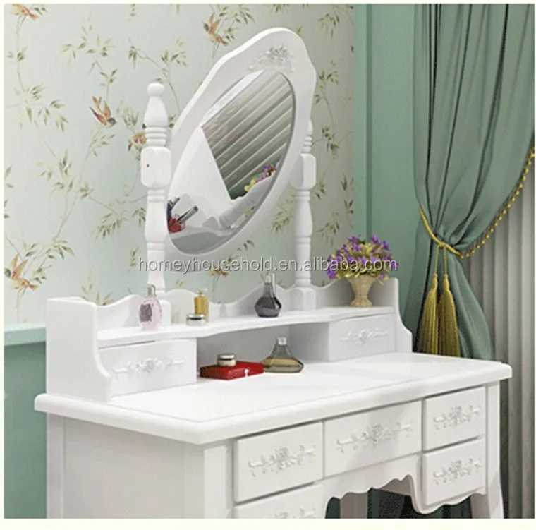
French Country Chic Style Washed White Swivel Vanity Dresser Table Mirror 