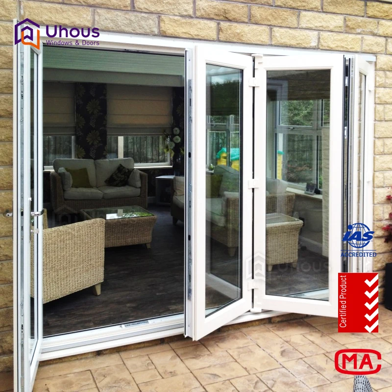 Современный китайский стиль высокое качество двойные стеклянные алюминиевые складные двери ветрозащитные со стальным пластиковым материалом для гостиной