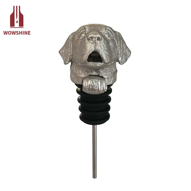 Wholesale Customized Dog Head Zinc Alloy Wine Bottle Pourer in Silver Color
