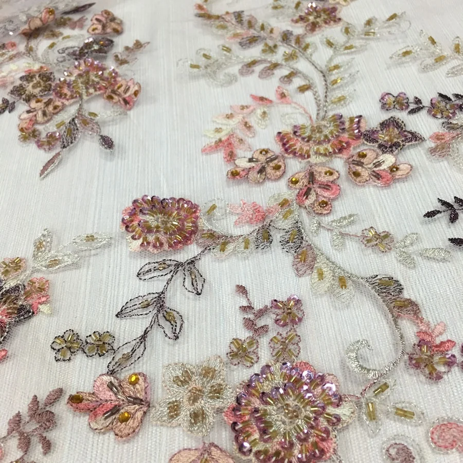 top end bridal beaded lace fabric with embroidery on mesh hand sequin and beaded tulle  lace fabric for party dress