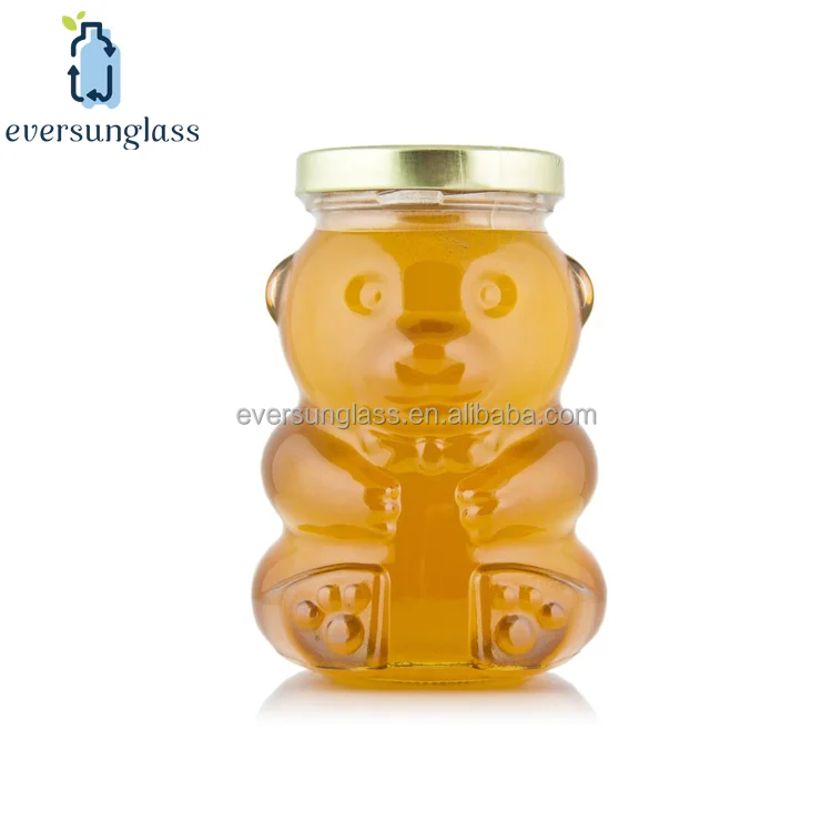 300g Bear Shape Glass Honey Bottles/Jars with Metal Cap and Dipper