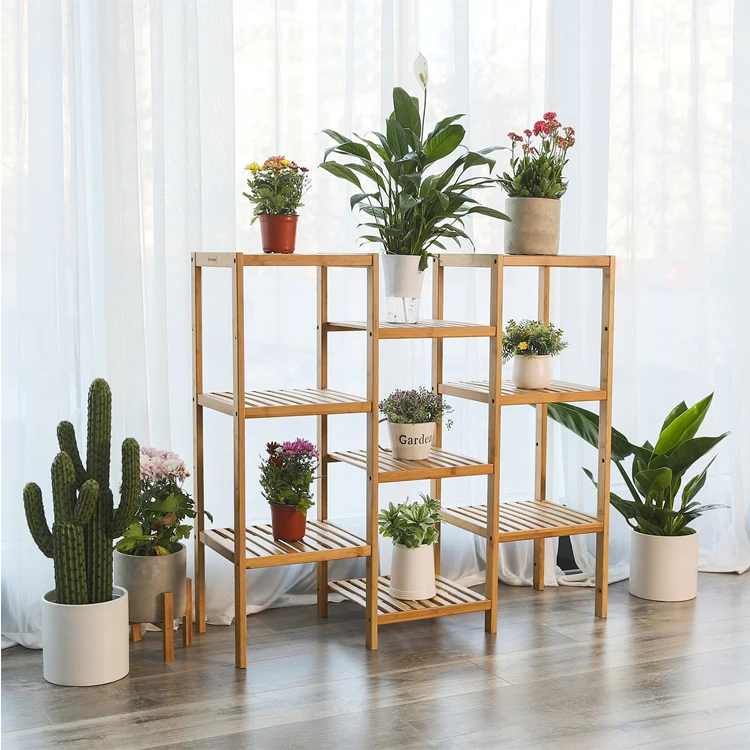 3 tier assemble bamboo wood garden pot rack flower plant stand