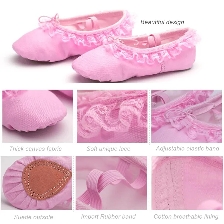
Wholesale Lovely Red Pink Flesh Lace Attached Canvas Ballet Shoes for Kids 