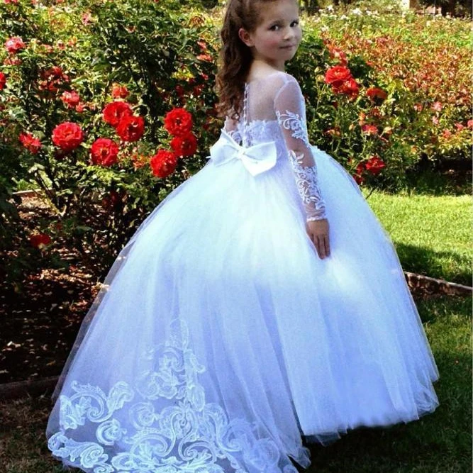 ZH1349Q 2019 White With illusion long Sleeves Flower Girls Dresses For Wedding Lace Tulle A line Ruched Kid First Communion gown